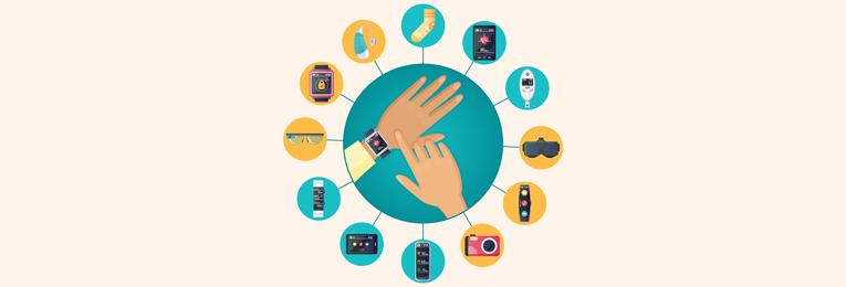 An illustrative image showing a person using a smartwatch while multitasking, with various icons displayed around them.
